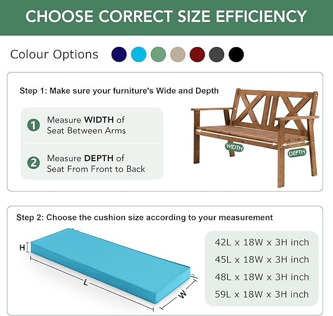 Outdoor Bench Cushion: Waterproof and Fade Resistant Patio Furniture Cushions - Non-Slip Bench Pad Cushion with Removable Cover for Garden Swing Porch Sofa Settee, 59 x 18 Inch, Teal