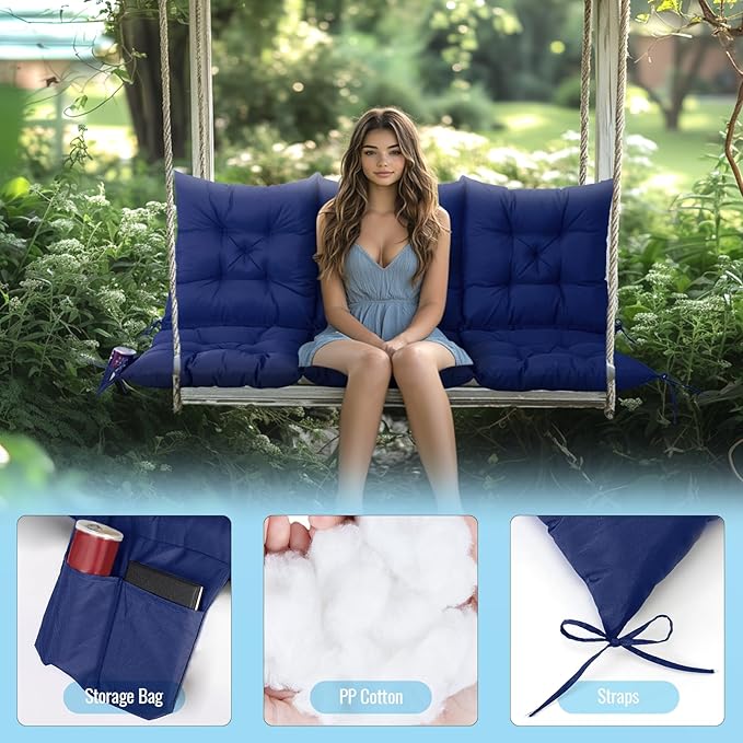 NACATIN 3 Seat Cushion for Outdoor Swing - 60x40 inches, 4" Thick Porch Swing Cushions with Ties and Storage Bag, Waterproof Bench Cushions for Patio, Outdoor, Backyard and Garden (Navy)