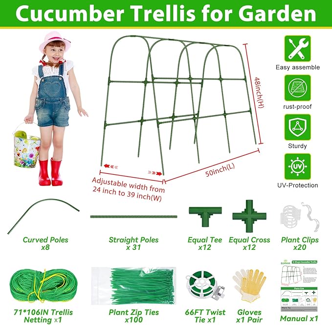 Garden Cucumber Trellis for Climbing Plants Outdoor- 50x48 Inch U-Shaped Cucumber Trellis for Raised Bed, Metal Arch Plant Trellis for Outdoor Vegetable Grape Pea Bean Vine Squash