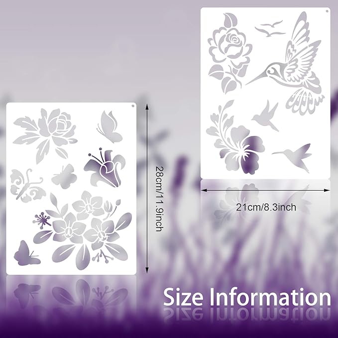 6 Pieces Stencils for Painting on Wood, Reusable Flower Bee Butterfly Painting Stencil Template Bird Bee Drawing Crafts on Wood, Wall, Furniture