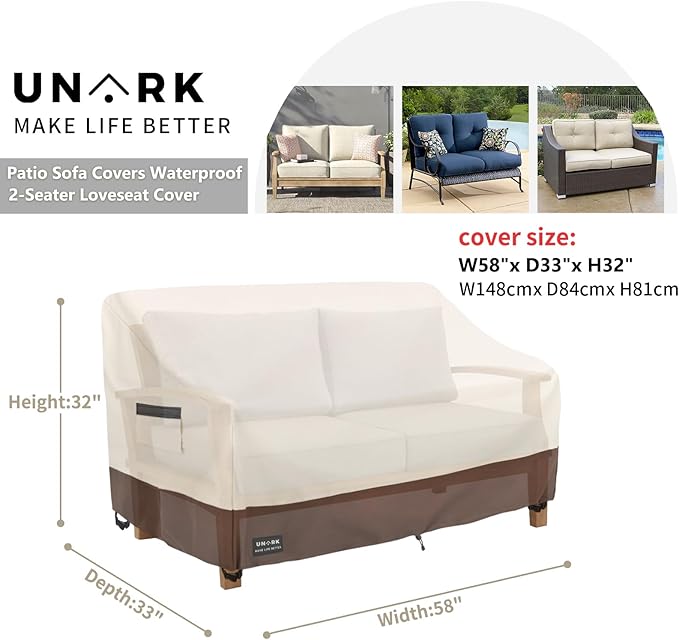 Outdoor 2-Seater Loveseat Cover, Waterproof Heavy Duty Patio Furniture Covers, 58W x 33D x 32H Inches Outdoor Couch Cover, Sofa Covers for Patio Furniture Waterproof, Beige and Brown