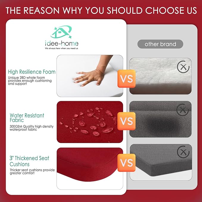 idee-home Outdoor Chair Cushions Set of 2, 19" x 19" x 3" Thick D-Shaped Patio Furniture Outdoor Seat Cushions Waterproof with Ties, Dining Pads