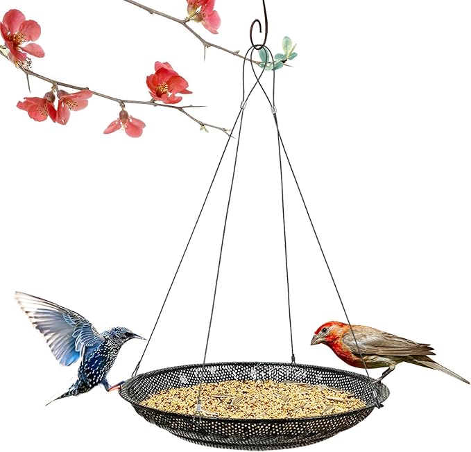 Upgraded Hanging Bird Feeder Tray,11.8” Stainless Steel Large Platform Metal Mesh Seed Tray for Backyard Garden Attracting Outside Wild Birds