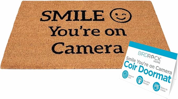 BIRDROCK HOME Smile You're On Camera Doormat - Front Door Mat for Indoor Outdoor Entrance - Black Border Rug for Entryway, Porch, Patio, House, or Backdoor - Low Profile, Easy to Clean - 18x30
