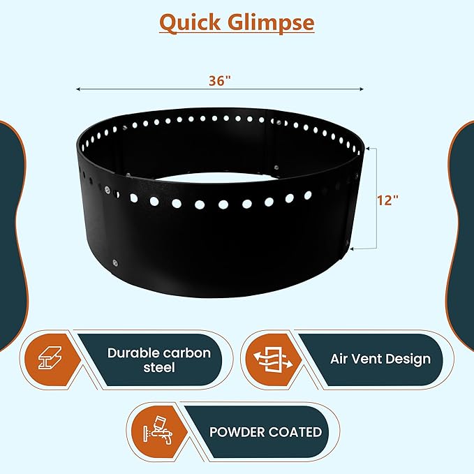 FEBTECH Smokeless Fire Ring for Outside Fire Pit - 36" Diameter & 12" Height - Durable Carbon Steel Insert for DIY In-Ground or Above-Ground Bonfires, Perfect for Gardens, Camping, and Gatherings
