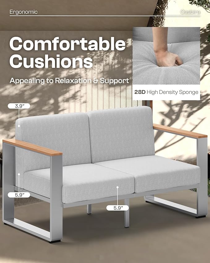 Outdoor Furniture Set, 4 Piece Aluminum Patio Furniture Set with Wide Seat and Thick Cushions, Modern Outdoor Patio Conversation Sets for Deck, Porch (Teak-Gray)