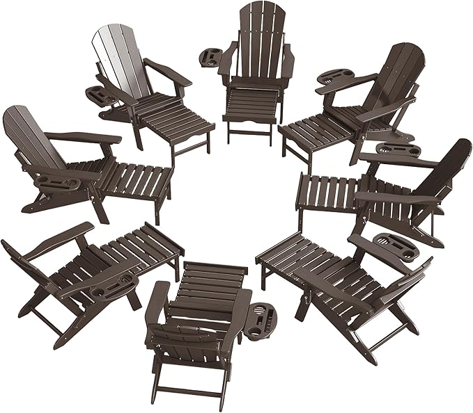 Adjustable Adirondack Chair with Retractable Ottoman Set of 8, HDPE Folding Adirondack Chair with Cup Holder, All Weather Fire Pit Chair for Outdoor.