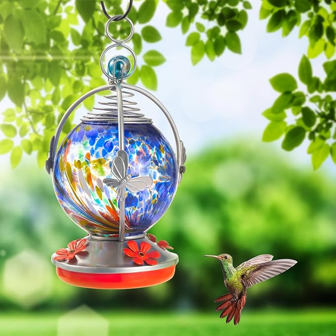 Backyard Expressions Glass Hummingbird Feeder - Purple - Hummingbird Feeders for Outdoors Hanging, Hand Blown Glass Hummingbird Feeder with Spiral Pattern