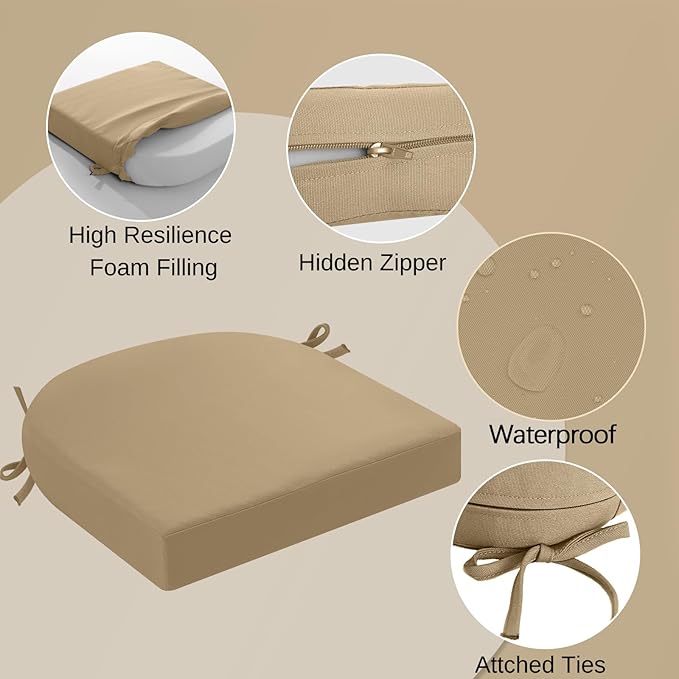 idee-home Outdoor Chair Cushions Set of 2, Thick 17" x 17" x 2" Outdoor Seat Cushions Patio Furniture Waterproof with Ties, Dining Pads