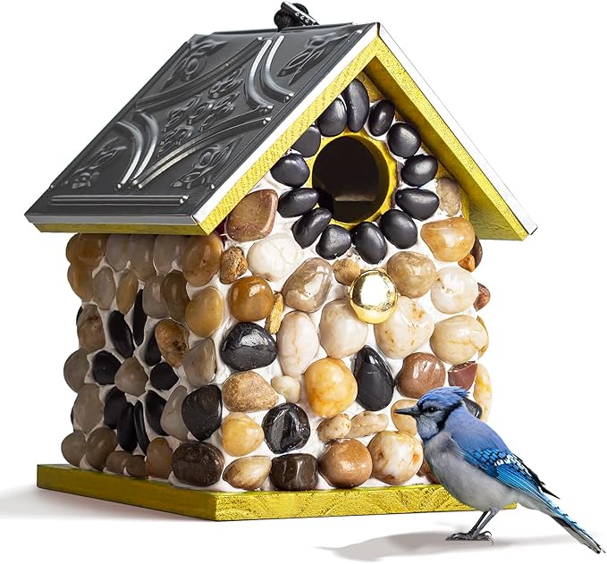 Premium River Pebble Bluebird House – Cedar Wood Outdoor Birdhouse with Embedded Metal Roof, Weather-Resistant Garden Nest Box for Wild Birds, Hanging & Pole Mountable (Yellow)
