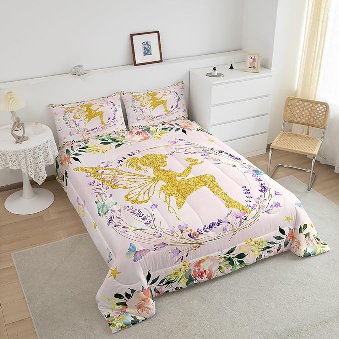 Erosebridal Dreamy Fairy King Bedding Set,Fairy Garden Floral Comforter Set for Girls Kids,Pink Flower Butterfly Comforter,Sweet Princess Cute Bedroom Room Decor,2 Pillowcases All Season