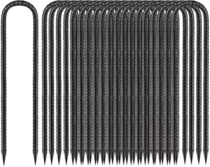 Ground-Stakes-Heavy-Duty-12 inch, U-Hook Rebar Stakes Black Coated Anti-Rust 16pcs Garden Stakes Metal Ground Anchors for Garden Dog Fence Chicken Coop Christmas Decorations Deer Fence