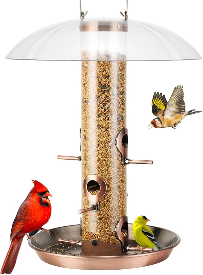 Kingsyard Metal Bird Feeders for Outdoors Hanging, Wild Bird Feeder with Large 11.5" Protective Dome and 8" Removable Tray, 3 lb Seeds Capacity (Antique Copper)