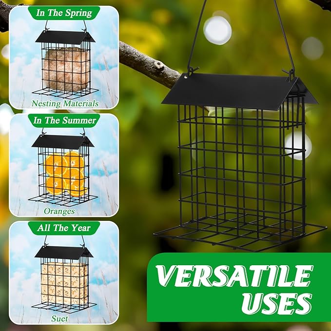 Nuogo 4 Pcs Wild Bird Feeder Squirrel Proof Outdoor Hanging Suet Holder with Metal Roof and Platform Outside Cake Suet Feeder Rainproof Cage for Oriole Hummingbird Chickadee Nuthatch(Black)
