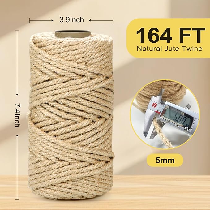 164 Feet 5mm Jute Twine, Natural Cord for Crafts, Packaging & Garden | Heavy-Duty Decorative Rope | Extra Strong Tying, Bundling & DIY Projects