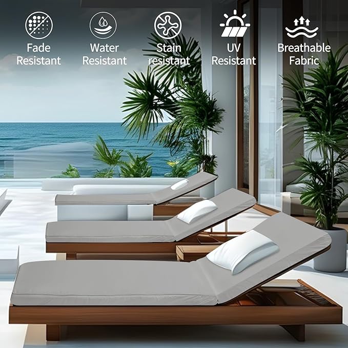 Outdoor Chaise Lounge Cushions for Patio, 71"x22"x3" Lounge Chair Waterproof Replacement Seat Cushions for Outdoor Furniture (Grey, 1 Pcs)