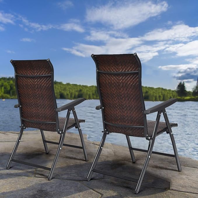 Tangkula 2 Piece Patio Rattan Folding Reclining Chair, Outdoor Wicker Portable Camping Chair with Widened Armrest, Foldable Chair with Adjustable High Backrest for Garden Balcony Outdoor & Indoor (2)