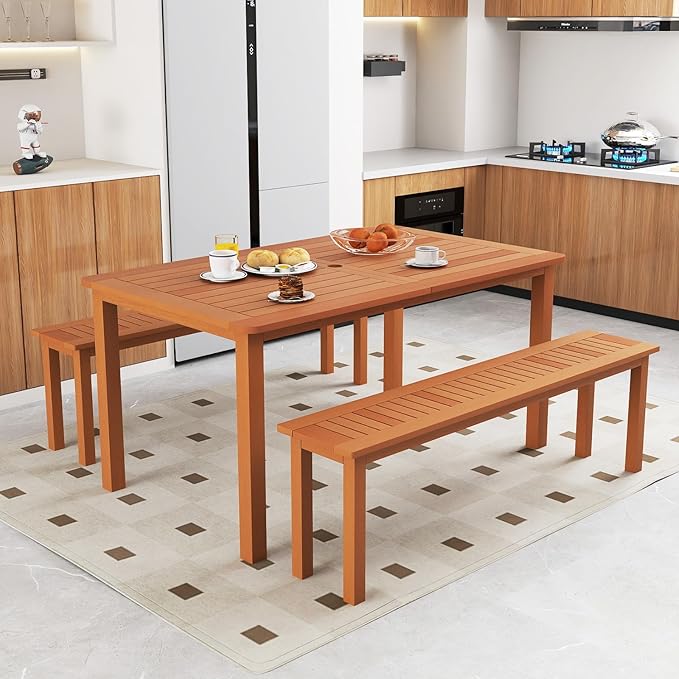 Tangkula Set of 3 Patio Dining Set for 4, Solid Wood Dining Table with 2 Benches, Outdoor Table Bench with 2” Umbrella Hole & Teak Oil Finish, Dining Furniture Set for Yard, Deck, Porch, Indoors