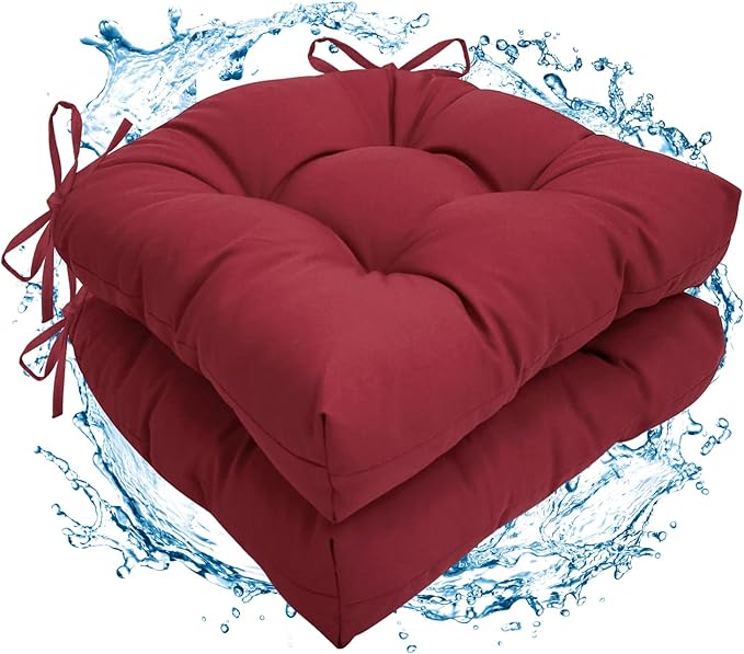 2 Pack Waterproof Outdoor Chair Cushions, Thick Tufted U-Shaped Seat Cushions with Adjustable Ties for Garden Chairs, Patio Furniture, 19x19x4.5 Inches