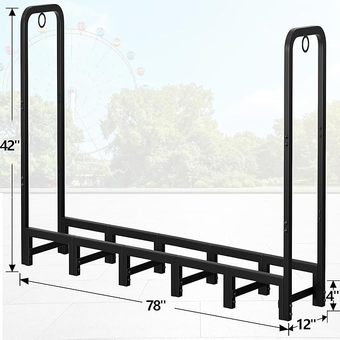 Amagabeli 6ft Firewood Rack Outdoor Heavy Duty Fire Wood Rack Log Holder Organizer Stand for Fireplace Indoor Adjustable Metal Wood Pile Lumber Storage Organizer Stacker for Patio Porch Black