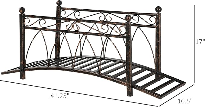 Outsunny 3.3' Metal Arch Zen Garden Bridge with Safety Siderails, Decorative Footbridge, Delicate Scrollwork & Corner Spheres for Stream, Fish Pond, Bronze