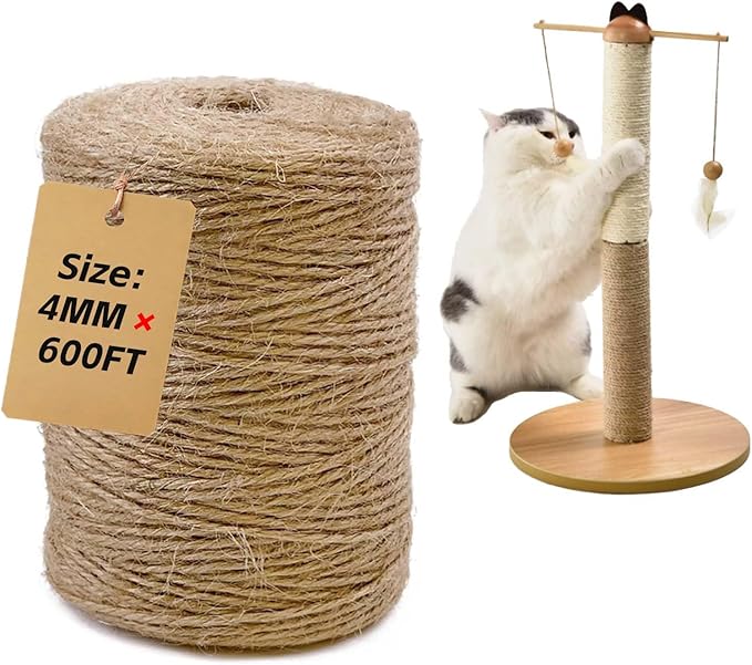 Natural Sisal Rope for Cat Scratcher, Durable Jute Twine for Cat Tree and Scratching Post Repair, Replacement Rope for Cat Tree, Cat Climbing Rope 4mm x 600ft