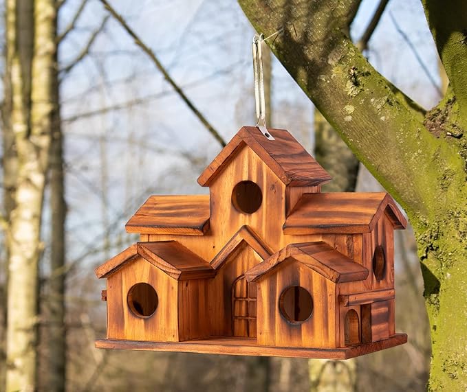 Bird Houses for Outside,Outdoor 5 Hole Bird House Room for 5 Bird Families Bluebird Finch Cardinals Hanging Birdhouse for Garden (Brown - Set of 1)
