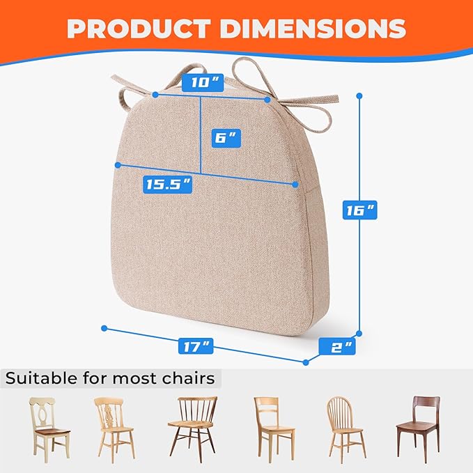 Chair Cushions for Dining Chairs, D-Shaped Seat Cushions with Removable Washable Cover and Ties, Chair Pads for Kitchen, Indoor Dining Room, Patio Chairs, 17'' x 16'', Set of 6, Khaki