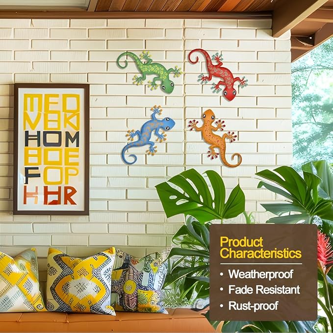 4 Pcs Metal Gecko Outdoor Decorations - Metal Wall Art Hanging Sculpture Decoration for Garden Yard Fence Porch Wall Decor, Gift for Mom Friends
