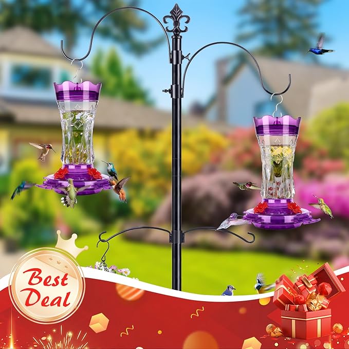 Hummingbird Feeders for Outdoors Hanging, BOLITE Glass Hummingbird Feeder, 4 Bee Guard Feeding Ports, Built-in Ant Moat, Leak Proof, 15 Ounces, Stars Decor, Purple, 2 Pack, Gifts for Women Men