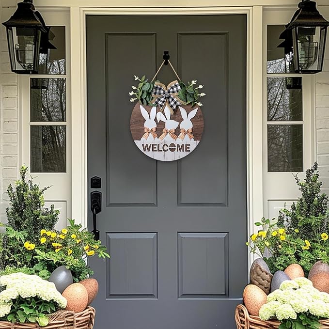 Easter Sign Wall Decor: Front Door Bunny Rabbit Decorations Spring Welcome Wreath Hanging Signs for Farmhouse