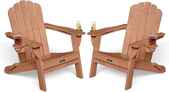 Adirondack Chairs Set of 2, HDPE Material Fire Pit Chairs, Plastic Adirondack Chairs with 2 Cup Holder, Outdoor Lawn Chair for Patio Garden，Teak