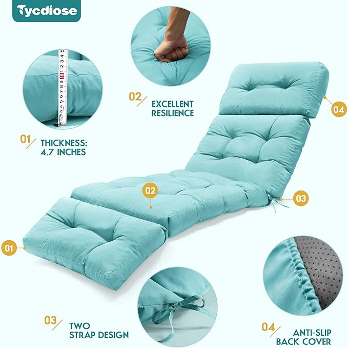 Outdoor Chaise Lounge Chair Cushion Waterproof 74.4 x 22 x 4.7 Inches Memory Foam Lounge Chair Cushions Replacement for Outdoor Furniture with Ties, Thickened Pool Lounge Chair Cushion, Teal