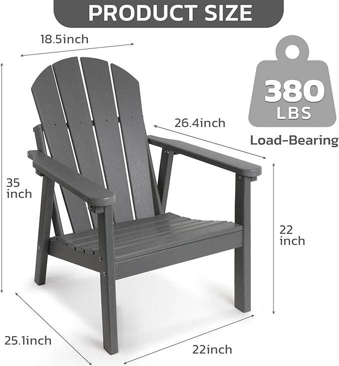 Adirondack Chair Set of 4, HDPE All Weather Adirondack Chairs, Fire Pit Chairs, Patio Chairs, Lawn Chairs. Perfect for Porch, Patio, Poolside, Deck.