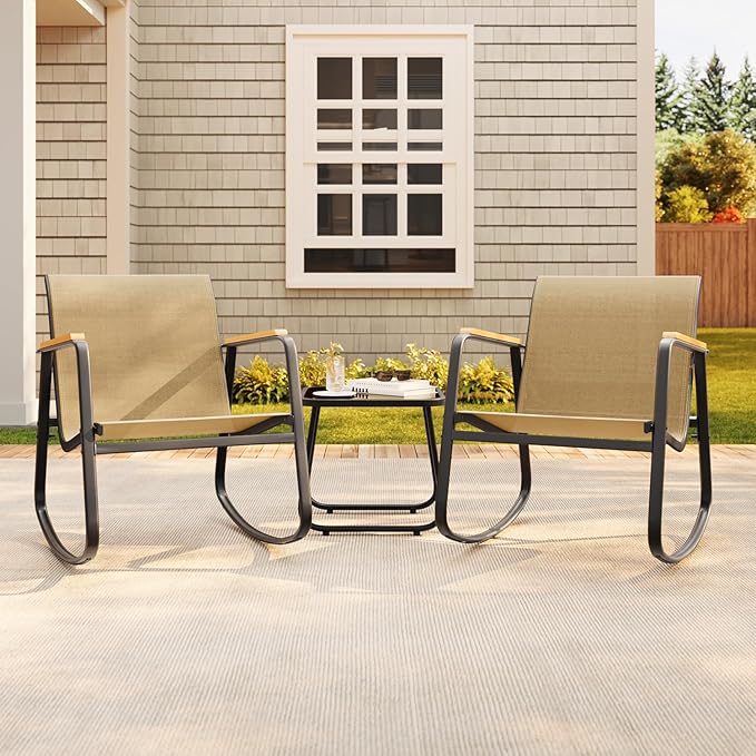 Aiho 3-Piece Patio Furniture Set, Outdoor Furniture with Textilene Fabric Rocker Chairs with Coffee Table, Patio Bistro Sets for Garden, Balcony, Poolside(Brown)