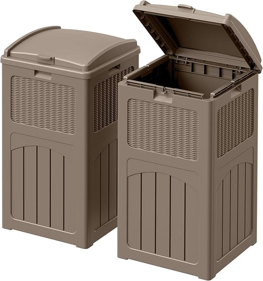 Devoko 33 Gallon Outdoor Trash Can with Dual Lid, Heavy Duty Waterproof Resin Garbage Bins Outside, Hideaway Waste Bins for Patio, Outside Pool, Backyard and Deck (2, Brown)