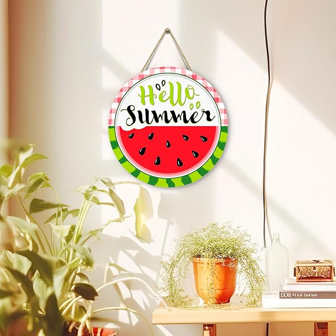 Hello Summer Watermelon Door Sign Summer Welcome Sign for Front Door Red Green Buffalo Plaid Wooden Door Hanger Outdoor Porch Decor Seasonal Farmhouse Hanging DecorationS 12 Inch