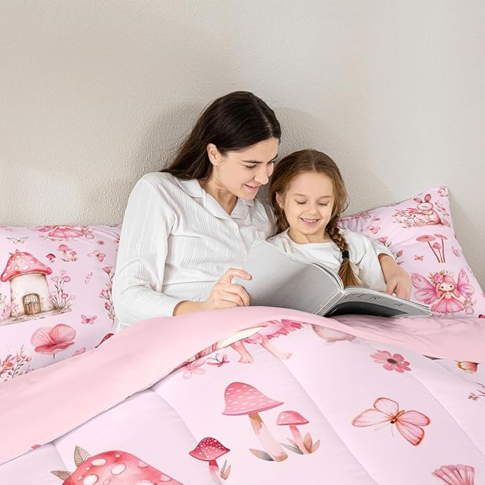 Erosebridal Pink Fairy Garden Full Bedding Sets - Mushroom Floral Comforter Set for Girls Kids, Pink Butterfly Flower Bunny Bed Set | Whimsical Fairies Room Decor with 2 Pillowcases
