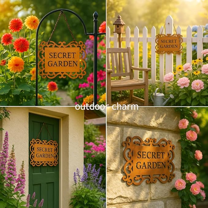 Rustic Iron “Secret Garden” Hanging Sign, Natural Rust Patina Metal Plaque with Ornate Cutout Scrollwork and Chain, Garden Gate & Wall Decor, 7.9 × 5.9 Inches