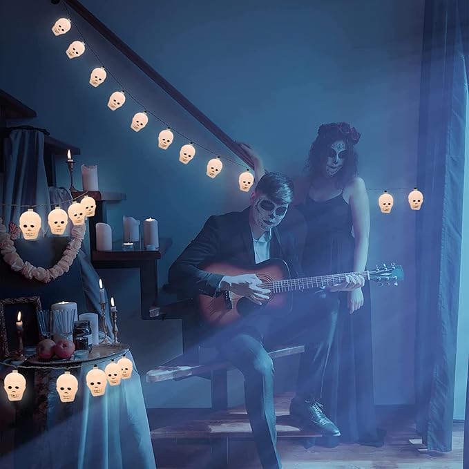 Halloween Skull String Lights, 8.5Ft Outdoor Halloween Decorative Lights with 10 White Ghost Head, Connectable Hanging Skull Lights for Indoor Outdoor Patio Party Holiday Decor, Black Wire