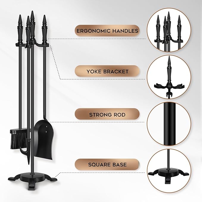 FEED GARDEN 4-Piece Fireplace Tool Set - 31” Wrought Iron Fire Tools with Poker, Shovel, Brush & Stand - Indoor/Outdoor