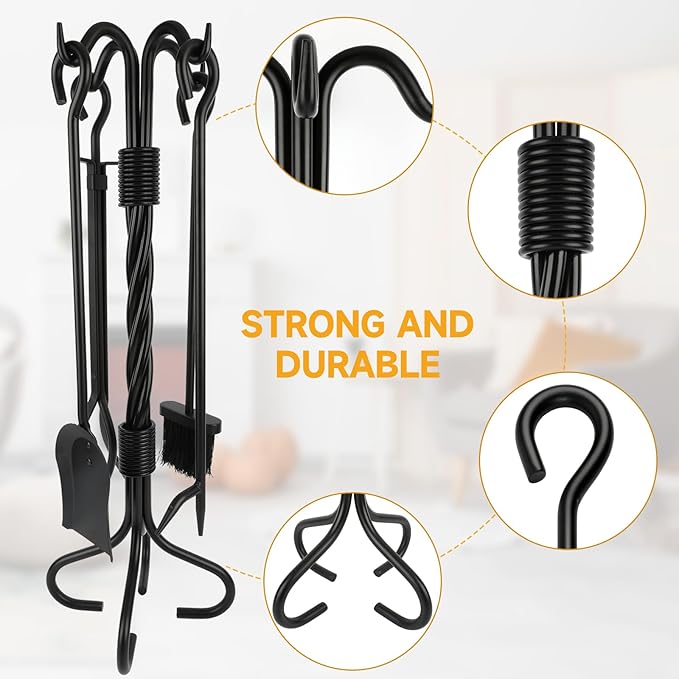 5-Piece Fireplace Tools Set Wrought Iron - NO Assembly - Heavy Duty 32" Solid Steel Fire Poker Set for Outdoor Fire Pit & Wood Stove - Fire Place Set with Tongs, Shovel, Brush, Stand