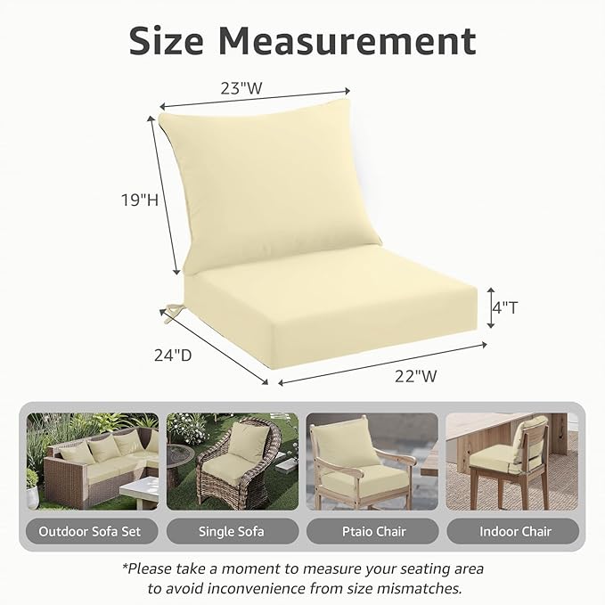 Outdoor Seat Cushion Set 22 x 24 x 4 Inch, Waterproof & Fade Resistant Patio Furniture Cushions with Removable Cover and Ties, Thick Deep Seating Pads for Outside Chair Sofa Couch, Yellow