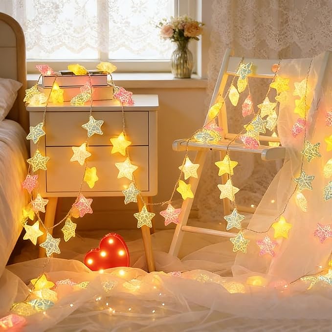 Colorful Crack Star String Lights,Christmas Fairy Lights 20 FT 40 LED Lights with Battery Operated Star Lights,Crack Star Lights for Window Party Wedding Holiday Festival Decoration (Star, 20FT)