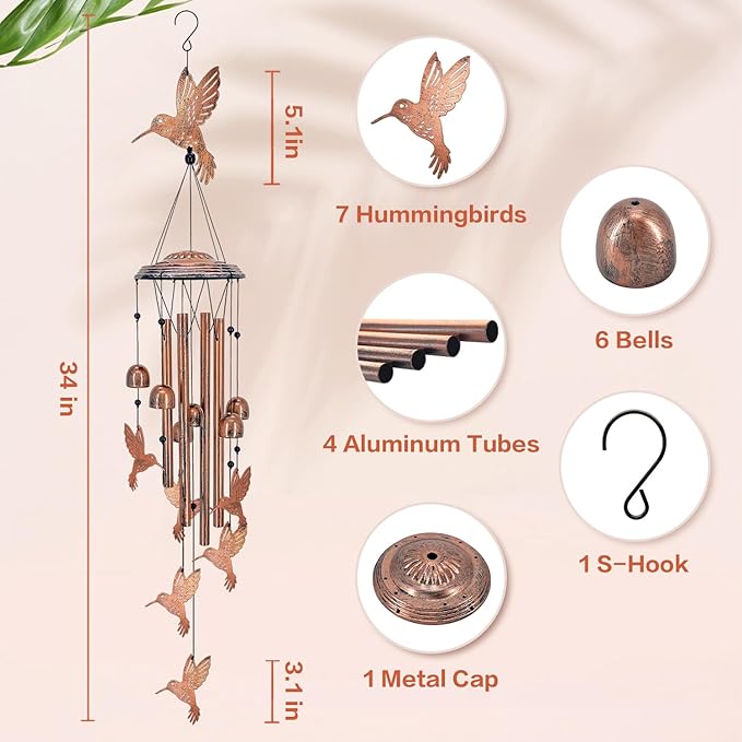 Hummingbird Wind Chimes Outdoor Hummingbird Gifts for Women/Men/Mom/Grandma Birthday Gifts Memorial Gift Metal Bird WindChimes for Outside/Indoors, Home, Porch, Patio, Garden Decor, Yard Decorations