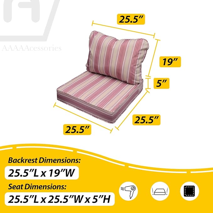 AAAAAcessories Outdoor Seat Cushions for Chairs, Fade-Resistant, Waterproof Patio Furniture Replacement Cushions, 25.5" x 25.5" x 5" + 25.5" x 19", Set of 4, Dusty Rose Garden Stripe