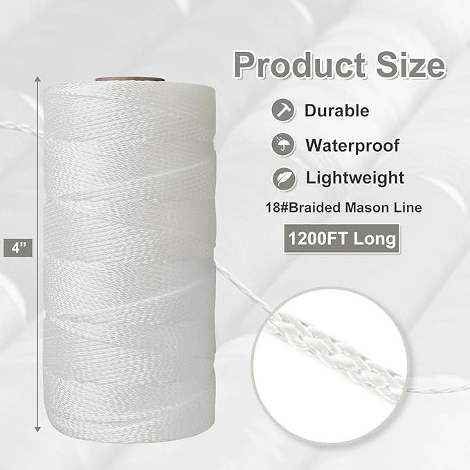 Mason Line String Line,1200 Ft Length Nylon Twine,18 Braided Nylon String for Gardening Or Masonry Tools,Twine String for Gardening,White