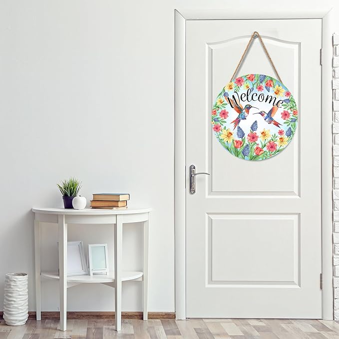 Spring Summer Hummingbird Birds Door Sign Round 12 X 12 Inches Welcome Spring Door Hanger Wall Pediment Farmhouse Floral Door Hanging for Yard Porch Seasonal Summer Decoration Welcome Sign