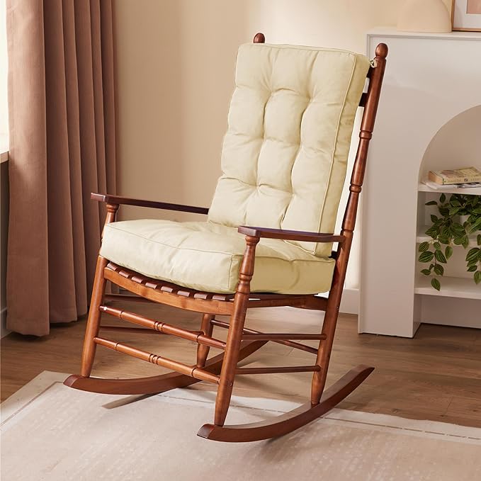 Rocking Chair Cushion, Waterproof and Fade-Resistant Patio Chair Cushions, Tufted Chair Pads for Rocker Furniture, 17x17 Inch, Indoor/Outdoor Seat Cushions with Ties, Beige