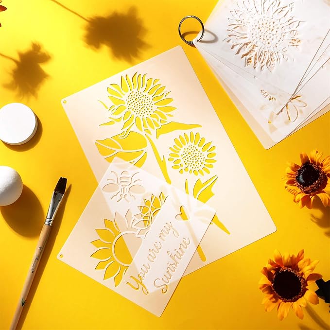 8 Pieces Sunflower Butterflies Painting Stencils Flower Butterfly Stencil Kit for Painting on Wood Wall Canvas You are My Sunshine Reusable Plastic Template for Door Home Decoration